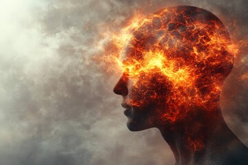 Profile of a man with a glowing brain symbolizing the intense energy and creative power of thought in a conceptual abstract environment