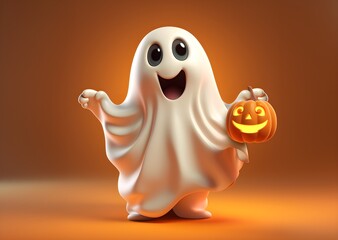 Happy Ghost Holding a Glowing Jack-o'-Lantern in a Warm Orange Glow. Charming and Playful Halloween Illustration, Perfect for Holiday Decor and Seasonal Celebrations. Festive banner, postcard.