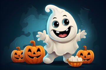 Adorable Ghost with Pumpkins in a Spooky Blue Background. Playful and Festive Halloween Illustration. Holiday Designs and Celebratory Decoration banner. Children art.