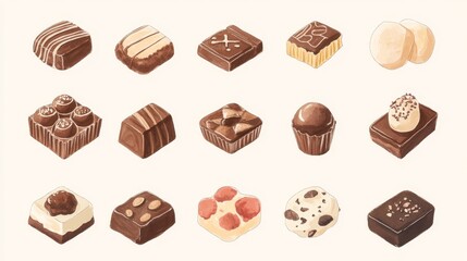 Chocolate collection. White background. Watercolor illustrations set