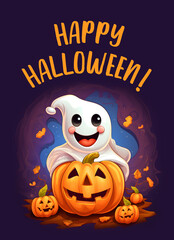 Happy Halloween Greeting postcard with Cheerful Ghost, Jack-o'-Lantern, pumpkins and Autumn Leaves. Festive and Playful Halloween Card Design for Seasonal Celebrations
