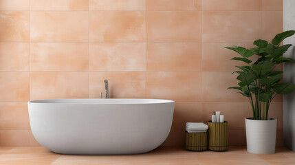 Fototapeta premium Luxurious bathroom with warm terracotta tiles, gold accents, and fall-themed candles, creating a spa-like autumn retreat, interior design, warm colors, luxury