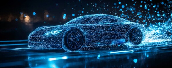 Futuristic car made of light particles driving through a city at night