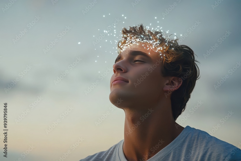 Poster profile of a young man with glowing neural particles symbolizing deep reflection and the exploration