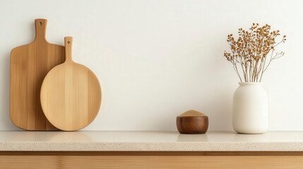Minimalist kitchen with warm, earthy tones, featuring organic stone surfaces, and sustainable bamboo accessories, interior design, warm colors, simplicity