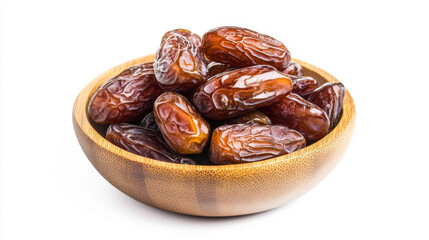Obraz premium Sweet, dried dates are a popular fruit during Ramadan. They're often served in a wooden bowl on a white background.