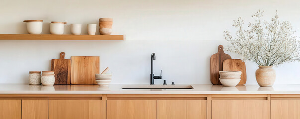 Modern kitchen with warm wood cabinetry, organic stone countertops, and earthy ceramics, blending sleek design with natural materials, interior design, warm hues, sustainability