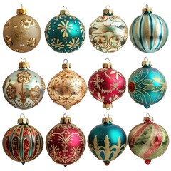 Christmas Bauble Ornament Set, Holiday Decor Collection Design, Arts and Crafts Colorful Isolated Xmas Bulbs, Winter Business Marketing Decoration Customizable Festive Object on White Background