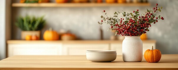 Rustic dining room with a warm color palette, decorated with fall-themed centerpieces and soft amber lighting, interior design, warm tones, seasonal charm