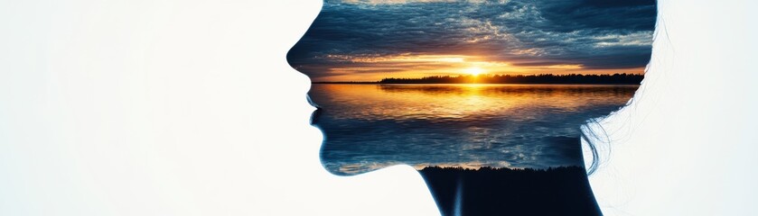 Obraz premium An artistic silhouette of a woman blended with a tranquil sunset over water, symbolizing peace and introspection.