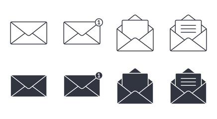 Vector icons letter mail. Check email, new message information. Email address, business correspondence and social media notification. Editable stroke thin line and black solid set.