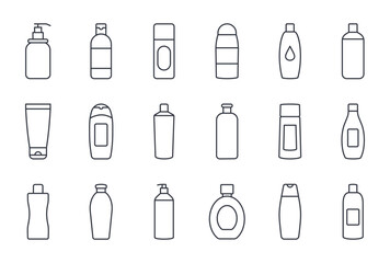 Vector icons of shampoo bottle. Care cosmetics, conditioner for beauty and health of hair. Plastic organic packaging sustainable. Liquid soap balm, moisturizing masks. Editable stroke thin line set.