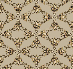 Flourish seamless pattern european retro interior decor style. Floral ornament with fantastic flowers and leaves.