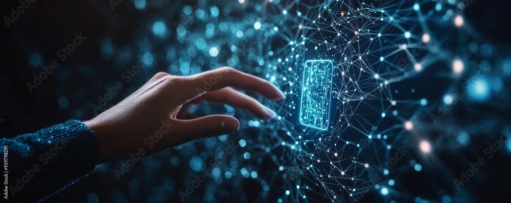 Poster hand touching a digital network interface with light nodes and data points