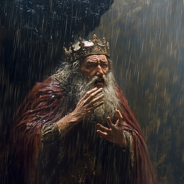 An intense portrayal of King Lear, drenched in rain, screaming at the stormy sky, capturing the depth of his madness and despair from Shakespeare&rsquo;s tragedy.