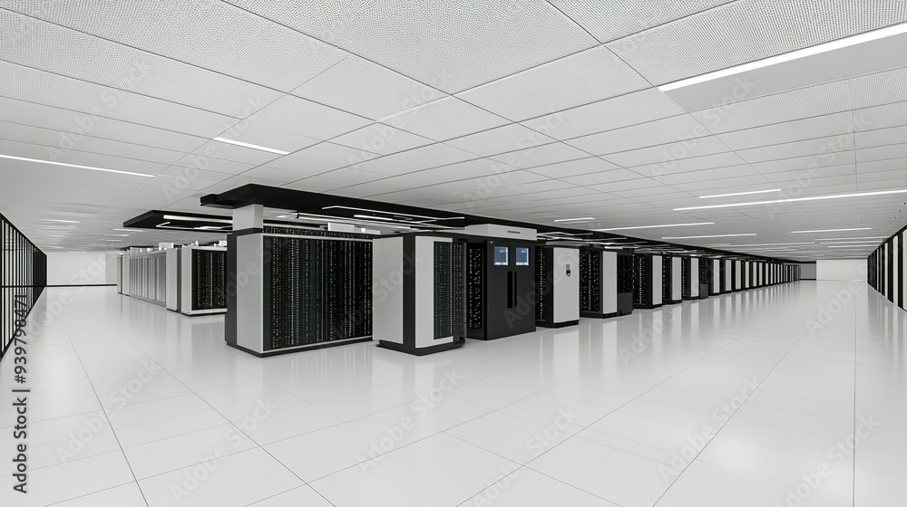 Poster modern data center with racks of servers and advanced cooling system in a well-lit environment showc
