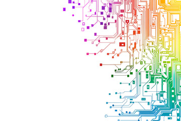 Bright abstract background featuring colorful circuit board lines and dots, symbolizing technology and digital connectivity.
