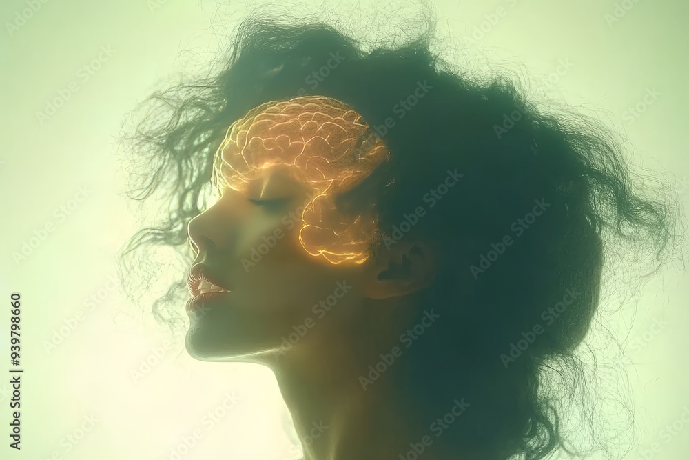 Poster profile of a woman with a glowing neural brain symbolizing the brilliance and complexity of thought 