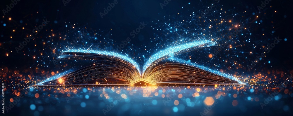 Aufkleber open book with glowing particles and lines emerging from pages on a dark background