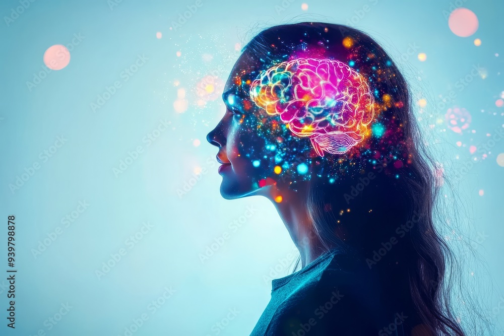 Poster profile of a woman with a vibrant neural brain symbolizing the fusion of creativity and intellect in