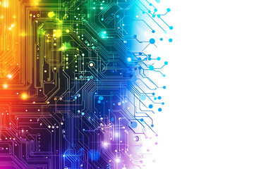 Bright abstract background featuring colorful circuit board lines and dots, symbolizing technology and digital connectivity.
