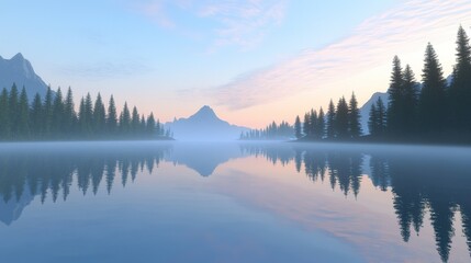 Tranquil morning mist over a serene lake surrounded by mountains and evergreen trees at sunrise