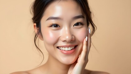 Skincare. Woman with beautiful face touching healthy facial skin portrait. Beautiful smiling Asian girl model with natural makeup enjoys glowing hydrated skin on beige background closeup. High-quality
