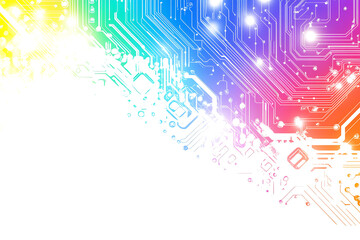 Bright abstract background featuring colorful circuit board lines and dots, symbolizing technology and digital connectivity.
