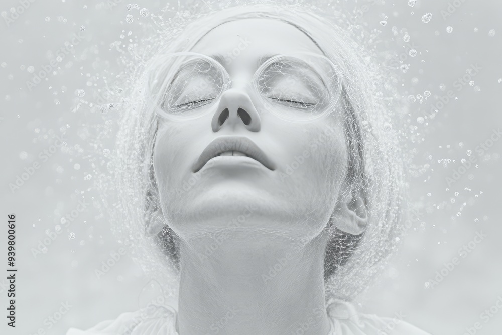 Poster woman with eyes closed surrounded by glowing neural patterns symbolizing deep contemplation and inne