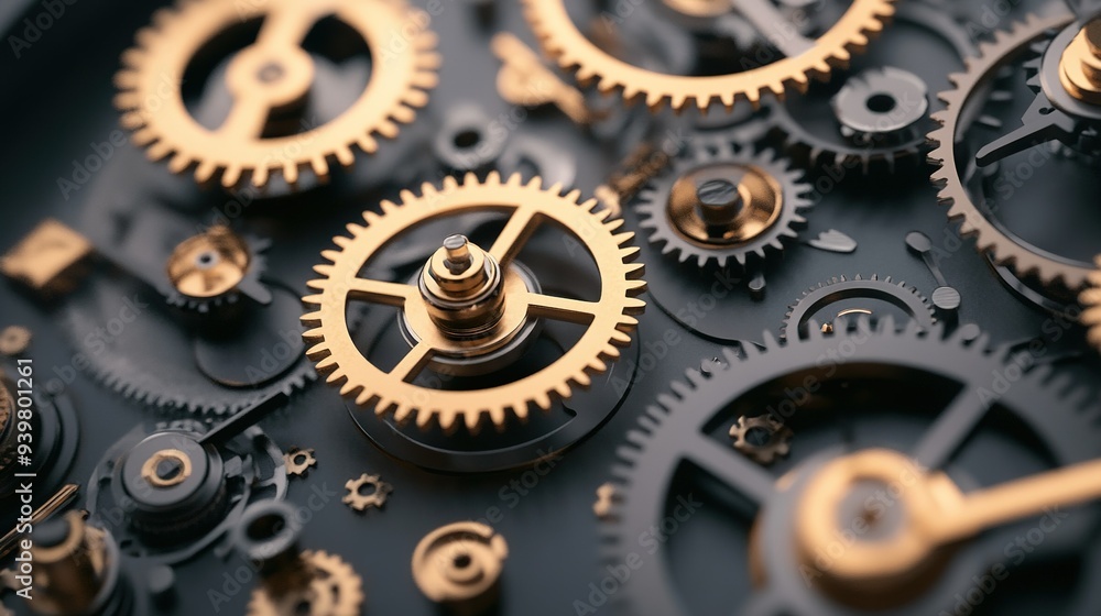 Poster intricate arrangement of golden gears and mechanical components against a dark background highlighti