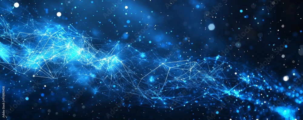 Poster abstract blue background with interconnected light lines and particles