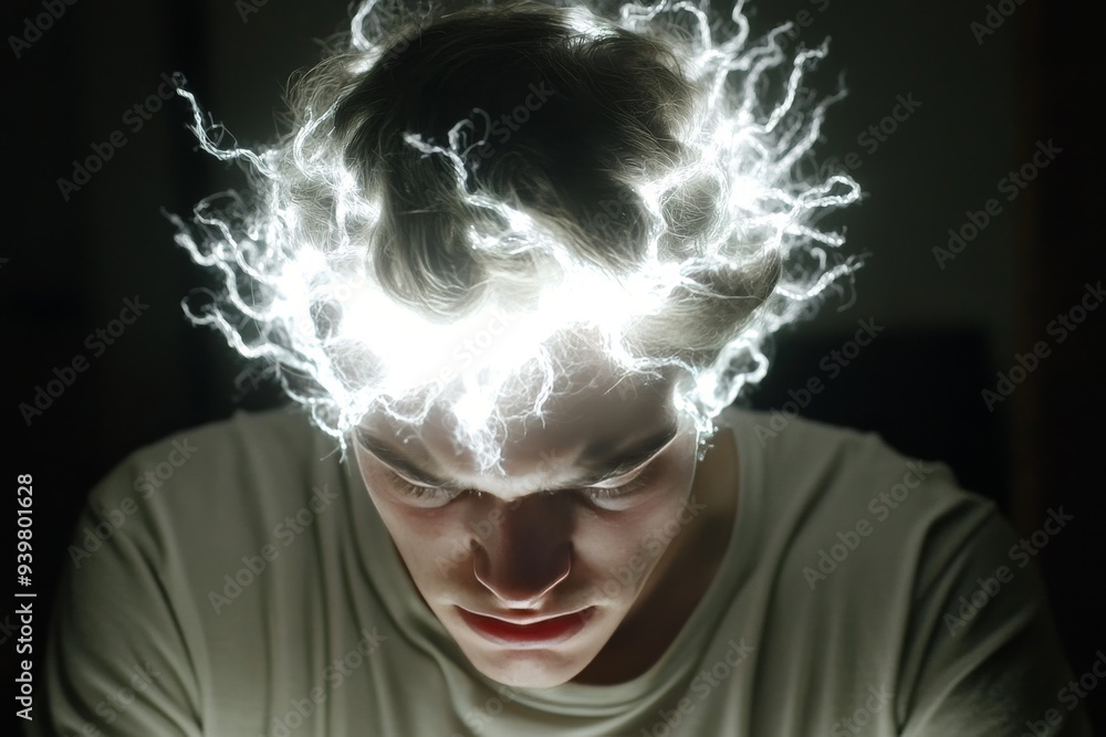 Poster portrait of a man with a glowing neural brain symbolizing the intensity and clarity of thought in a 