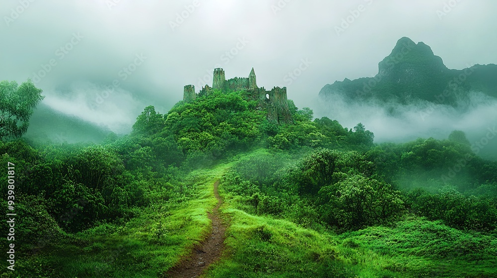 Wall mural ruins of an ancient castle shrouded in mist surrounded by lush greenery on a tranquil hillside in ea