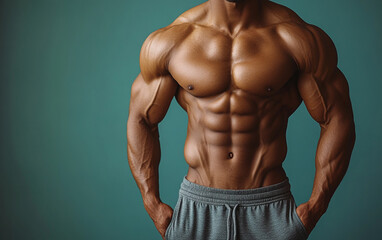 Fototapeta premium bodybuilder man on solid color background. gym or health concept. Space for text