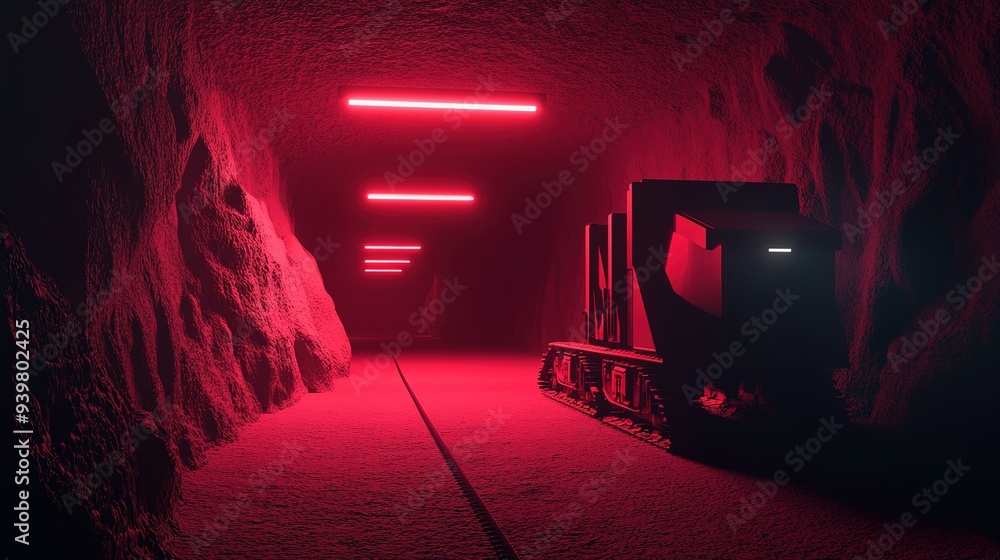 Aufkleber illuminated mining tunnel with a train in a low-light environment showcasing modern mining technolog
