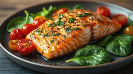 Grilled Salmon with Spinach and Cherry Tomatoes