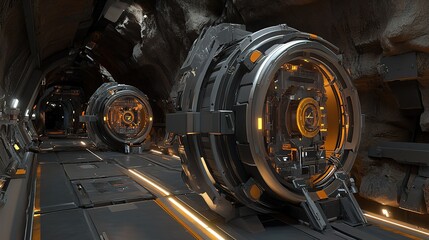 Fototapeta premium Futuristic underground facility featuring advanced technology with illuminated pathways and metallic pods, set in a dark, rocky environment