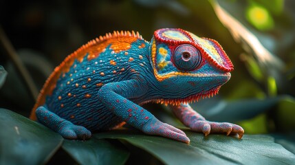 Vibrant Chameleon on Green Leaf