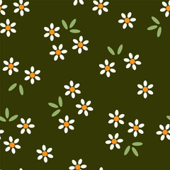 Simple doodle seamless template small daisies. White small flowers leaves dark olive background. Minimalist botanical background, vector illustration
