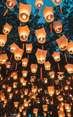 Naklejka premium Vibrant Traditional Lanterns Hanging Illuminated at Night with Intricate Designs, Cultural Decoration, Warm Glowing Lights in Air, Festival Atmosphere