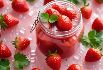 Close-up of the strawberries in the pink strawberry jam, ice cubes and green leaves scattered on top. The color is bright red and very attractive, and you can see all kinds of fresh fruits inside the 