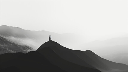 person meditating on a mountain top with mist, yoga practice and meditation, relaxing background, zen, inspiring, uncluttered style, Buddha pose