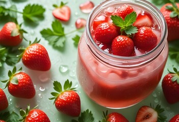 Close-up of the strawberries in the pink strawberry jam, ice cubes and green leaves scattered on top. The color is bright red and very attractive, and you can see all kinds of fresh fruits inside the 