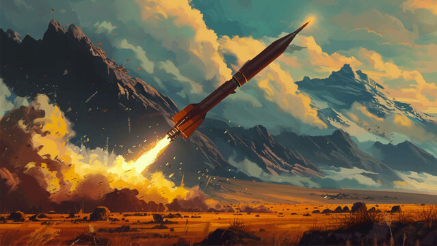 Firing Rockets in the Middle of a Field Oil on Canvas Illustration Military Warfare Explosions in a Field Missile Launch Smoke Trails Open Landscape Combat Scene Grasslands Rocket