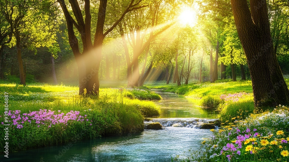 Aufkleber sunlight streams through trees over a tranquil stream adorned with colorful wildflowers in a lush gr