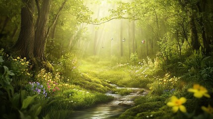 Obraz premium A tranquil stream flows through a sunlit forest filled with wildflowers and fluttering butterflies during a serene afternoon