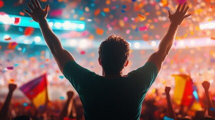 A man celebrates a goal amid cheering fans, confetti, and bright lights, embodying thrilling energy!