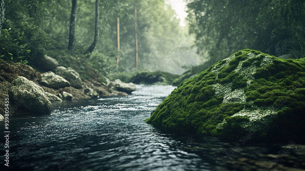 Poster a serene stream winding through a lush forest with moss-covered rocks at dawn in a tranquil wilderne