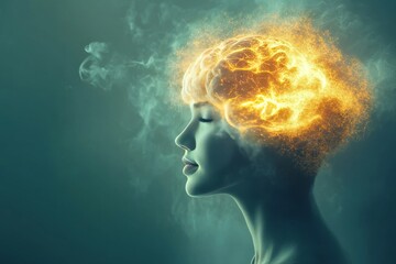 Profile of a woman with a glowing neural brain symbolizing deep thought and contemplation in a serene abstract environment
