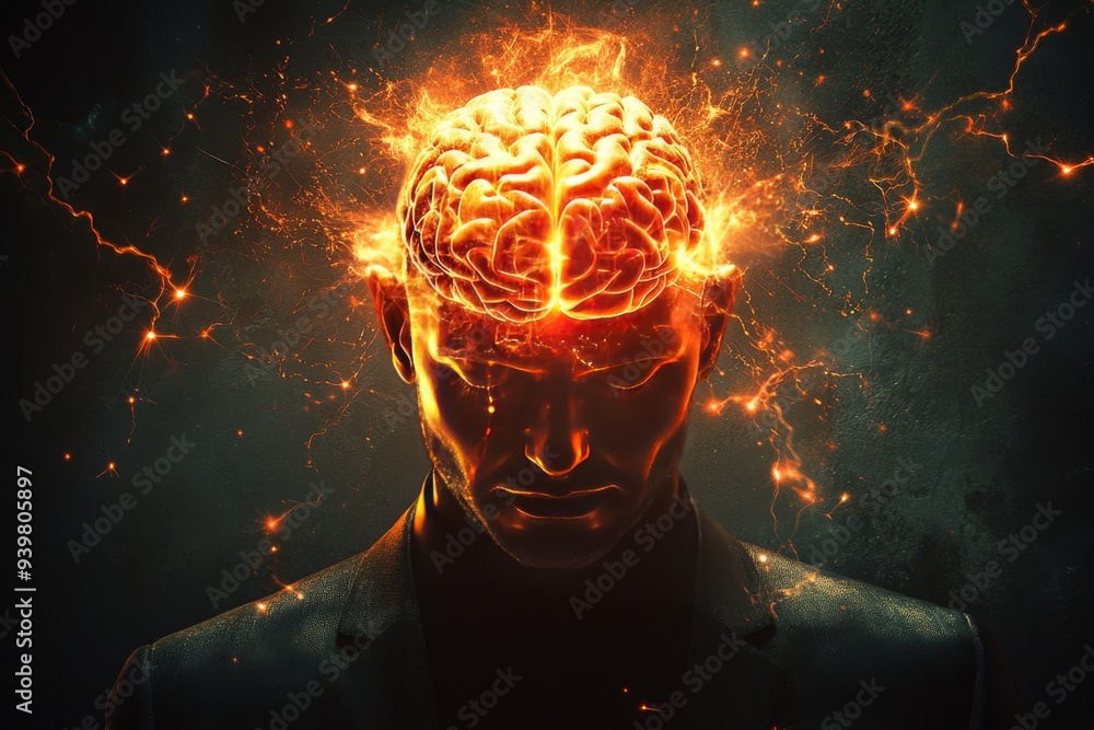 Poster portrait of a man with fiery neural elements symbolizing the intensity of thought and mental energy 